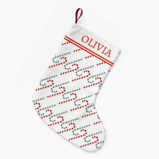 フェスティバルキャンディーケーンパターンモノグラムホリデイ スモールクリスマスストッキング (正面 (吊り時))