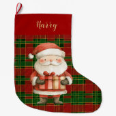 フェスティバルクラシックレッドグリーン金ゴールドタータンチェックサンタクロース ラージクリスマスストッキング (正面)