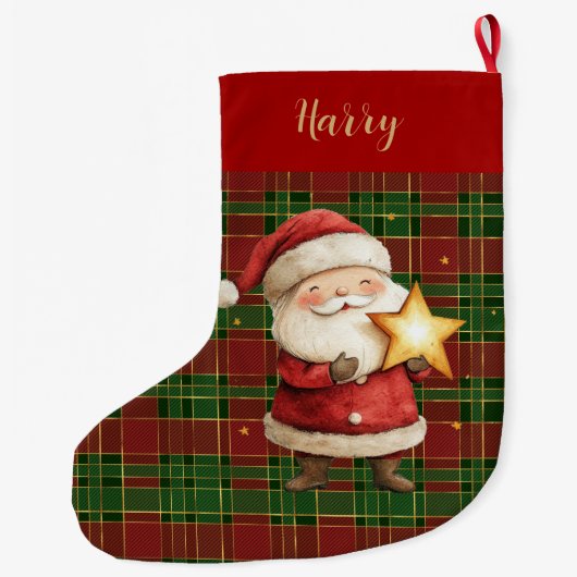 フェスティバルクラシックレッドグリーン金ゴールドタータンチェックサンタクロース ラージクリスマスストッキング (裏面)