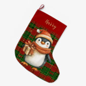 フェスティバルクラシックレッドグリーン金ゴールドタータンチェックペンギン ラージクリスマスストッキング (正面 (吊り時))