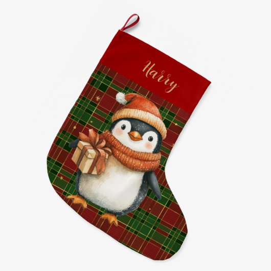 フェスティバルクラシックレッドグリーン金ゴールドタータンチェックペンギン ラージクリスマスストッキング (正面 (吊り時))