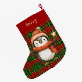 フェスティバルクラシックレッドグリーン金ゴールドタータンチェックペンギン ラージクリスマスストッキング (裏面 (吊り時))