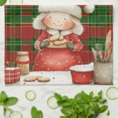 フェスティバルクラシックレッドグリーン金ゴールドタータンチェックミセス・クロース キッチンタオル (折り畳み)