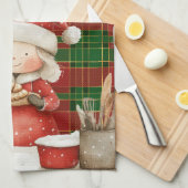 フェスティバルクラシックレッドグリーン金ゴールドタータンチェックミセス・クロース キッチンタオル (四つ折り)