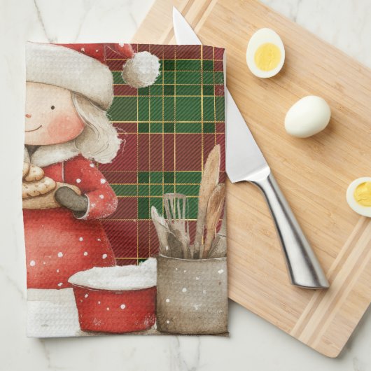 フェスティバルクラシックレッドグリーン金ゴールドタータンチェックミセス・クロース キッチンタオル (四つ折り)