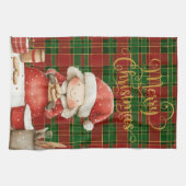 フェスティバルクラシックレッドグリーン金ゴールドタータンチェックミセス・クロース キッチンタオル (横)