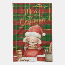 フェスティバルクラシックレッドグリーン金ゴールドタータンチェックミセス・クロース キッチンタオル