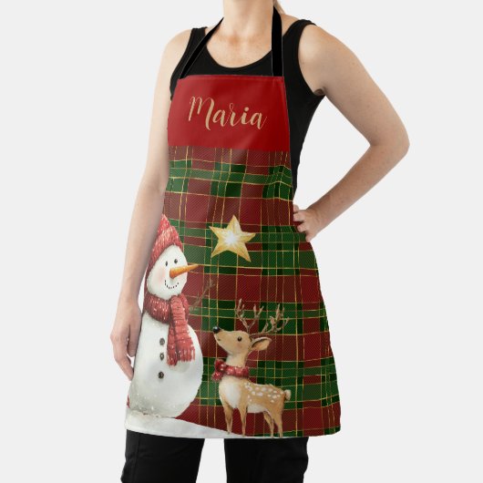 フェスティバルクラシックレッドグリーン金ゴールドタータンチェック雪だるま エプロン (インサイチュ)