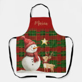 フェスティバルクラシックレッドグリーン金ゴールドタータンチェック雪だるま エプロン (正面)