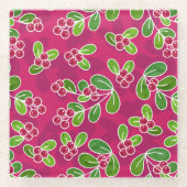 フェスティバルクランベリーの葉のパターン、明るい赤紫色 ガラスコースター (正面)