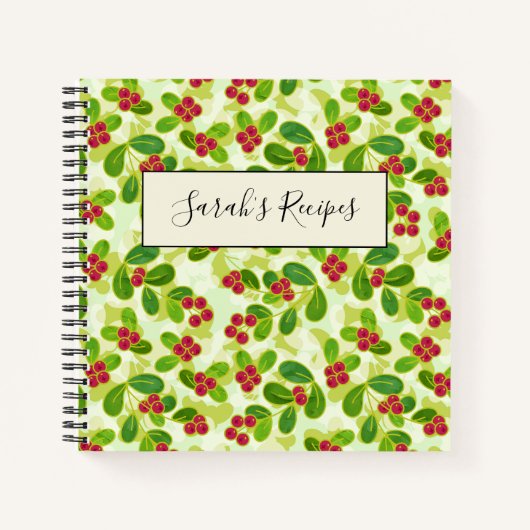 フェスティバルクランベリー果実パターン、緑 ノートブック (正面)