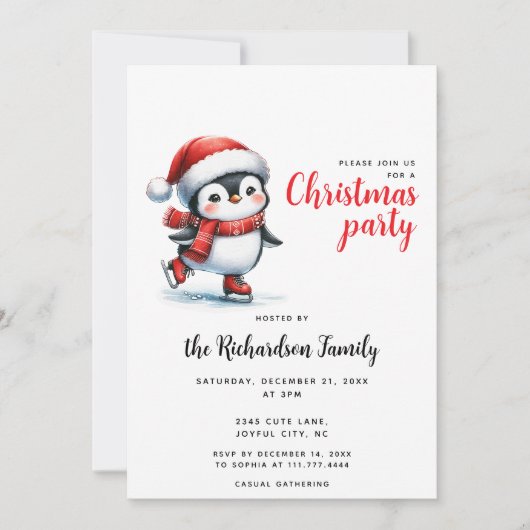 フェスティバルクリスマスかわいいペンギンアイススケートで滑るクリスマス 招待状 (正面)