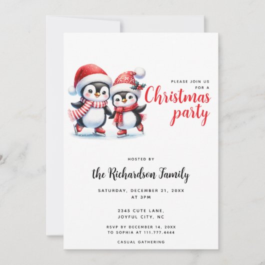 フェスティバルクリスマスかわいい氷スケートで滑るペンギンスクリスマス 招待状 (正面)