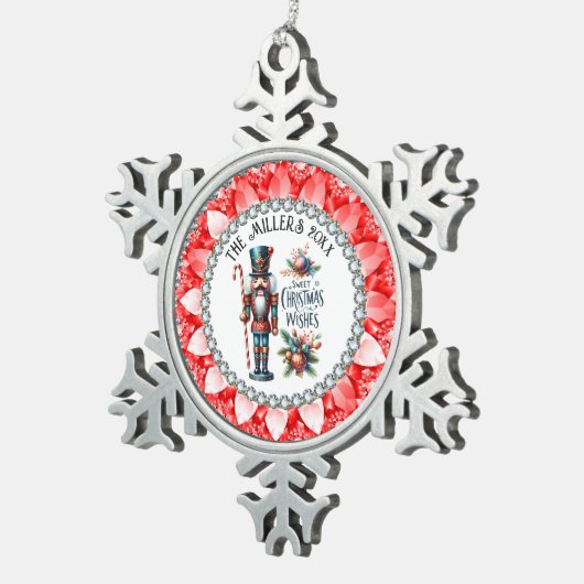 フェスティバルクリスマスくるみクラッカーレッドダイアモンフレーム スノーフレークピューターオーナメント (右)