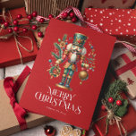 フェスティバルクリスマスくるみ割りカスタム写真 カード<br><div class="desc">オーナメント、メリークリスマスの白いタイポグラフィ、カスタマイズ可能な文字付きクリスマスナツクラッカー</div>