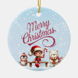 フェスティバルクリスマスと小妖精や小人、ペンギン招待状 セラミックオーナメント