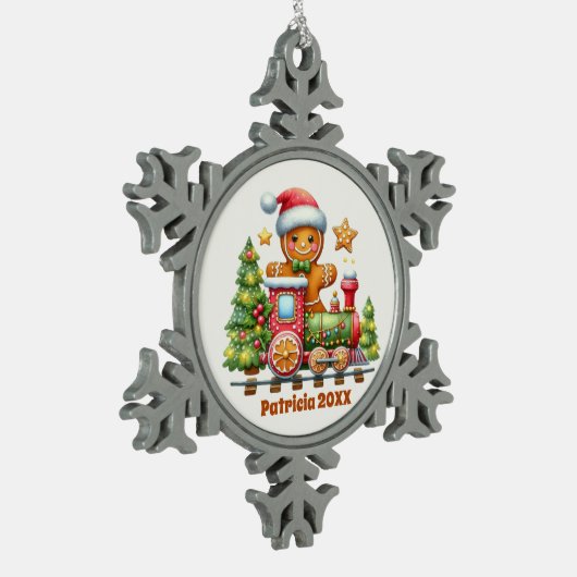 フェスティバルクリスマスの名前を追加する年ジンジャーブレッド列車 スノーフレークピューターオーナメント (左)