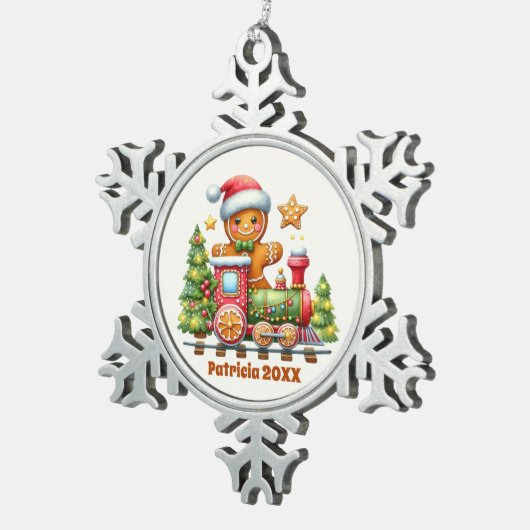 フェスティバルクリスマスの名前を追加する年ジンジャーブレッド列車 スノーフレークピューターオーナメント (右)