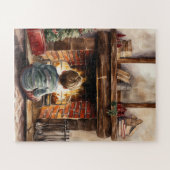 フェスティバルクリスマスの少年の暖炉の水色 ジグソーパズル (横)