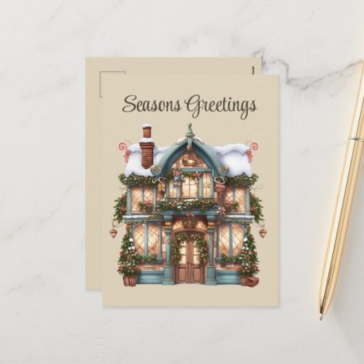 フェスティバルクリスマスの水の色の店を追加文字休日 シーズンポストカード (正面/裏面インサイチュ)