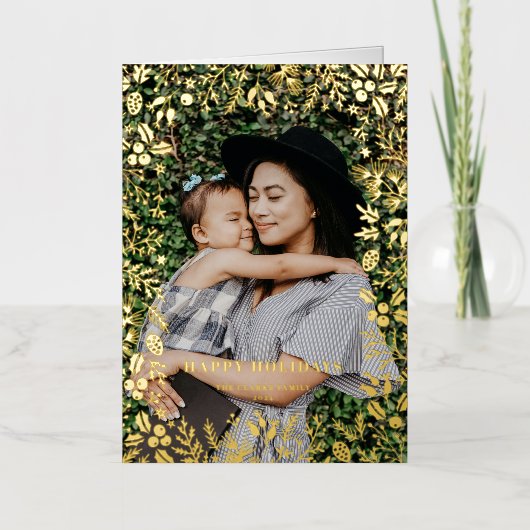 フェスティバルクリスマスの紅葉フレームハッピーホリデー 箔シーズンカード (正面)