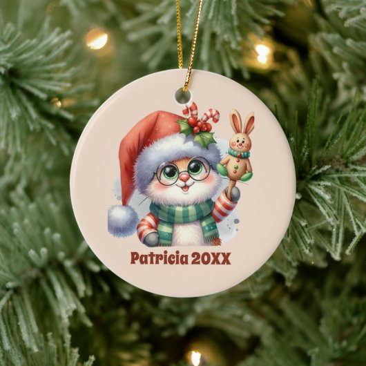 フェスティバルクリスマスの追加の名前の年のメッセージバニー セラミックオーナメント (ツリー)