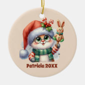 フェスティバルクリスマスの追加の名前の年のメッセージバニー セラミックオーナメント (正面)
