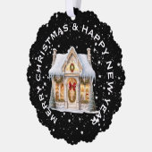 フェスティバルクリスマスの雪の倉庫パーソナライズされた オーナメントカード (左)