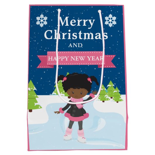 フェスティバルクリスマスアフリカ系アメリカ人ガール ミディアムペーパーバッグ (裏面)