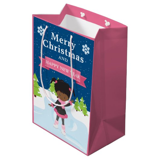 フェスティバルクリスマスアフリカ系アメリカ人ガール ミディアムペーパーバッグ (裏面アングル)
