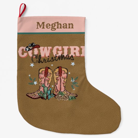 フェスティバルクリスマスウェスタン女性のカーボーイの名前を追加 ラージクリスマスストッキング (正面)