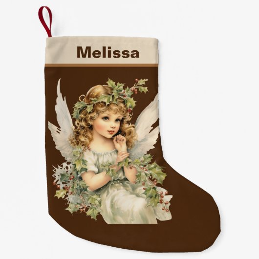 フェスティバルクリスマスウォーターカラーエンジェル名を追加 スモールクリスマスストッキング (正面)