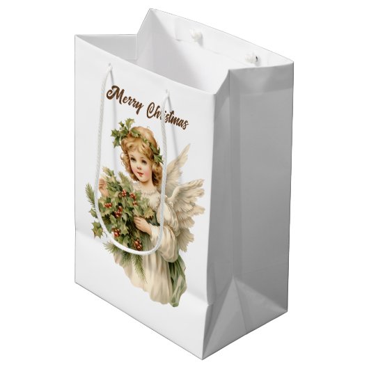 フェスティバルクリスマスウォーターカラーエンジェル追加文字 ミディアムペーパーバッグ (正面アングル)
