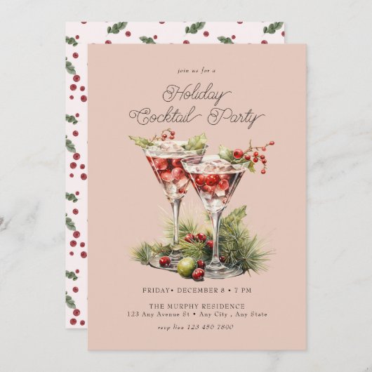 フェスティバルクリスマスウォーターカラーカクテルパーティー 招待状 (正面/裏面)