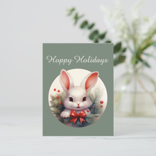 フェスティバルクリスマスウォーターカラーカントリーバニーホリデー シーズンポストカード (スタンド正面)