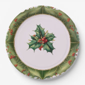 フェスティバルクリスマスオリーブグリーンホリー ペーパープレート (正面)