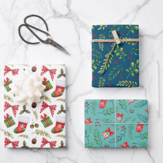 フェスティバルクリスマスオーナメントと枝水色 ラッピングペーパーシート