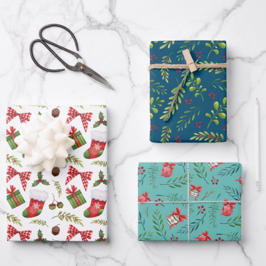 フェスティバルクリスマスオーナメントと枝水色 ラッピングペーパーシート (正面)