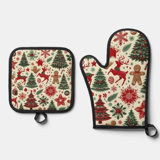 フェスティバルクリスマスオーブンミット&ポットホルダーセット 鍋つかみ&鍋敷きセット (正面)