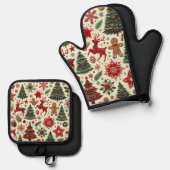 フェスティバルクリスマスオーブンミット&ポットホルダーセット 鍋つかみ&鍋敷きセット (正面/裏面)