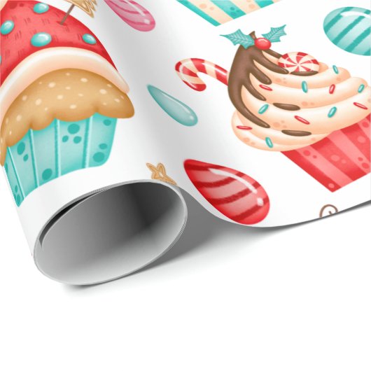 フェスティバルクリスマスカップケーキとクリスマスキャンディ ラッピングペーパー (ロールコーナー)