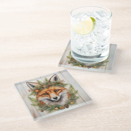 フェスティバルクリスマスキツネ ガラスコースター (アングル)