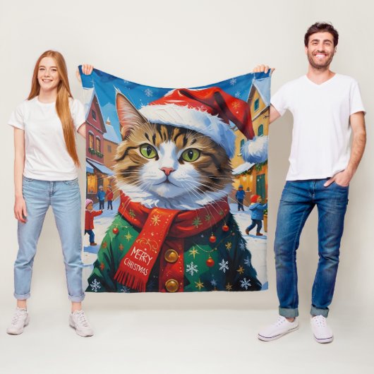 フェスティバルクリスマスキャットinサンタハット フリースブランケット (インサイチュ)