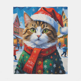 フェスティバルクリスマスキャットinサンタハット フリースブランケット
