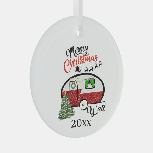 フェスティバルクリスマスキャンパーのワードアート ガラスオーナメント (正面右)