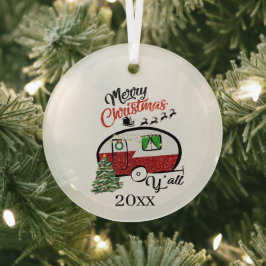 フェスティバルクリスマスキャンパーのワードアート ガラスオーナメント