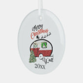 フェスティバルクリスマスキャンパーのワードアート ガラスオーナメント (正面左)