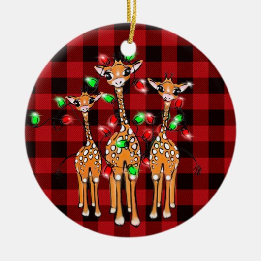 フェスティバルクリスマスギラッフェレッドブラックプレイド セラミックオーナメント (正面)