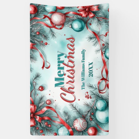 フェスティバルクリスマスグリーンオーナメントレッドリボン 横断幕 (縦)