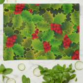 フェスティバルクリスマスグリーンホリー葉ズレッドベリー キッチンタオル (折り畳み)